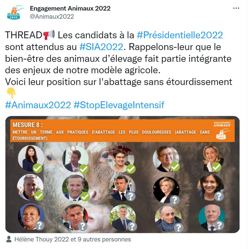 Capture d'écran d'un tweet d'Engagement Animaux 2022 au sujet des animaux d'élevage et de l'engagement des candidats à la présidentielle 2022 à ce sujet.