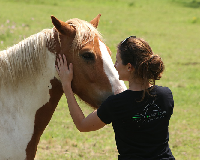 Marine Marge, aux côté d'un cheval sauvé par le Refuge Equin de Terre Plaine.